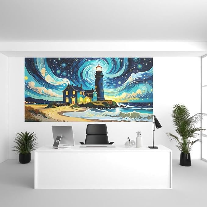 Starry Night Lighthouse Wall Art – Nautical Home Decor for Living Room, Bedroom & Office-Lighthouse Painting Artwork - Violet DTF Transfers