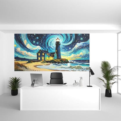 Starry Night Lighthouse Wall Art – Nautical Home Decor for Living Room, Bedroom & Office-Lighthouse Painting Artwork - Violet DTF Transfers