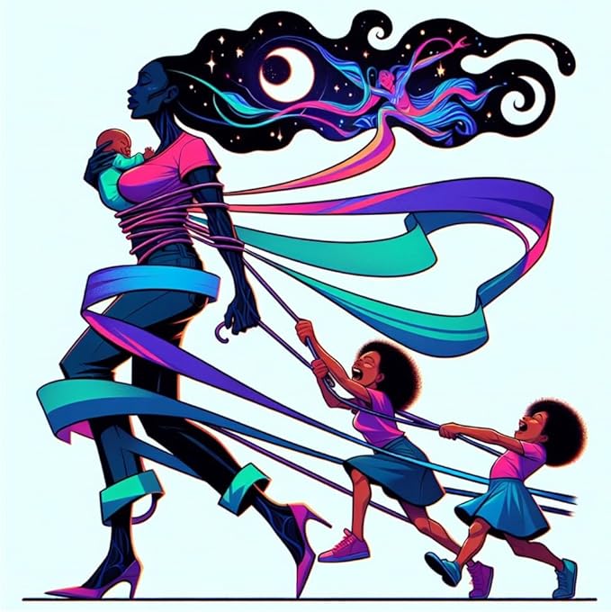 Violet Motherhood Wall Art Poster - Black Mother with Children Cosmic Hair Universe Design - Violet DTF Transfers