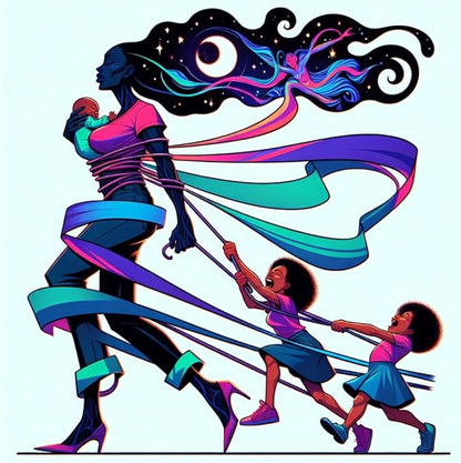 Violet Motherhood Wall Art Poster - Black Mother with Children Cosmic Hair Universe Design - Violet DTF Transfers