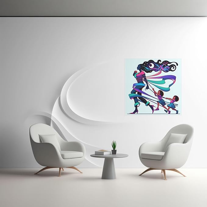 Violet Motherhood Wall Art Poster - Black Mother with Children Cosmic Hair Universe Design - Violet DTF Transfers