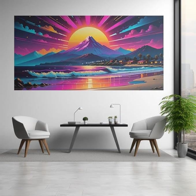 Vibrant Sunset Mountain Wall Art – Durable Rectangular Poster for Office, Conference Room, Living & Bed Room - Violet DTF Transfers