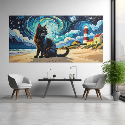 Starry Night Cat Wall Art – Lighthouse Beach Rectangle Print with Frame – Vibrant Black Cat Poster – Gift for Art & Kitty Lovers - Violet DTF Transfers