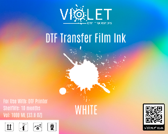 Violet DTF transfer film ink in white color for custom apparel printing