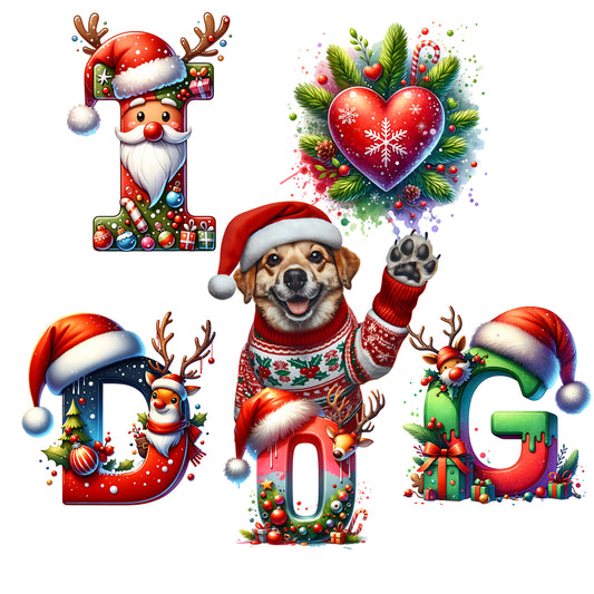 I Love Dog Christmas Design – Festive Puppy with Santa Hat & Holiday Letters