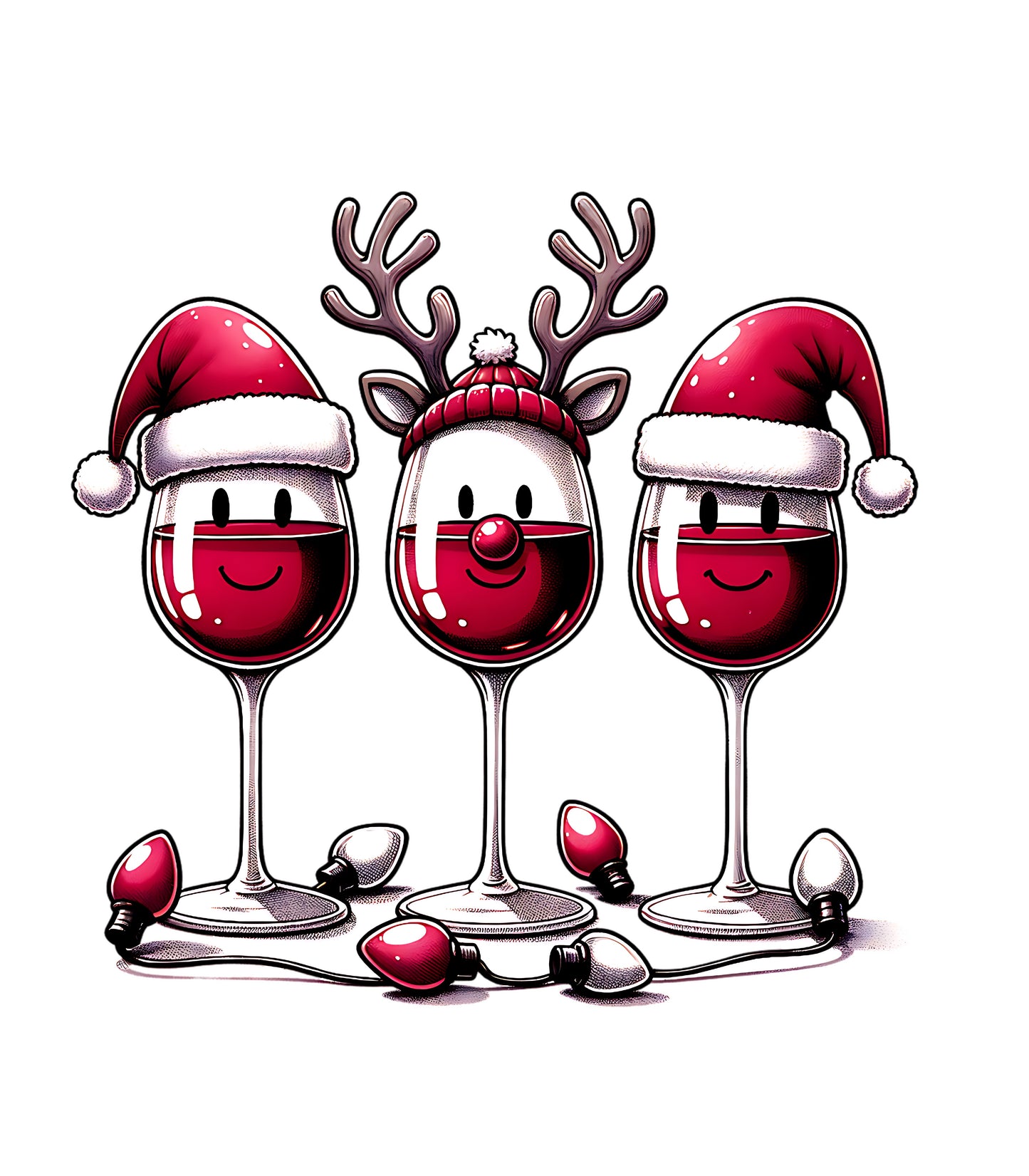 Christmas Wine Glass Trio Design – Santa & Reindeer Holiday Drinks