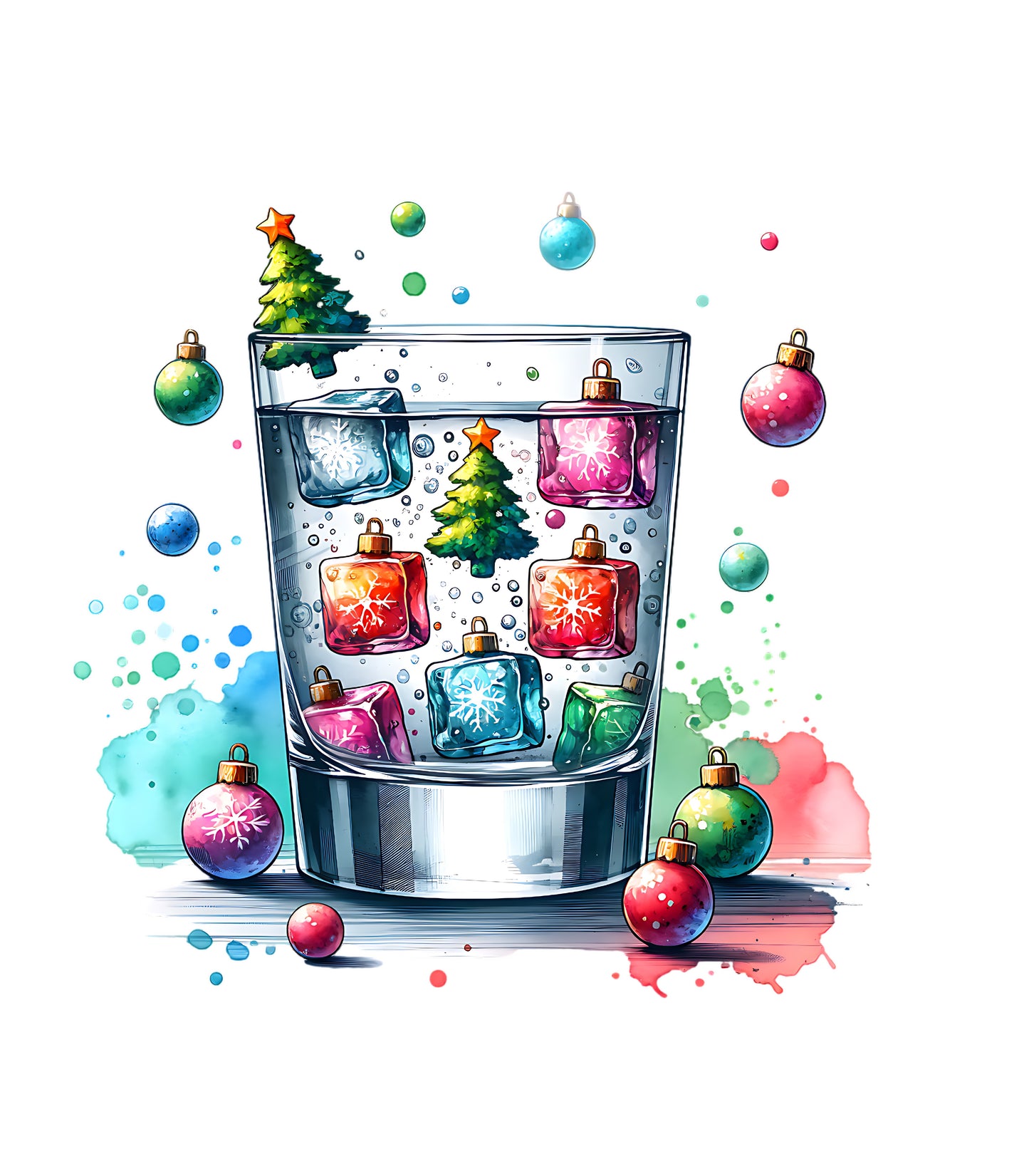 Christmas Cocktail Glass Design – Festive Drink with Ornaments & Trees