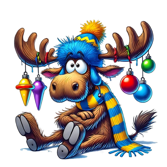 Funny Christmas Moose with Ornaments – Holiday Cartoon Design 🦌✨🎁