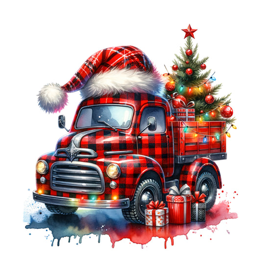Red Plaid Christmas Truck with Tree & Gifts – Festive Holiday Design 🎁🚚