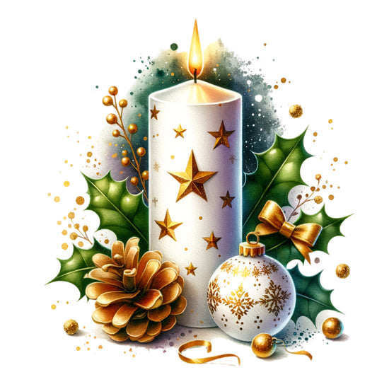 Golden Christmas Candle with Ornaments & Pinecone – Elegant Holiday Design 🕯✨🎁