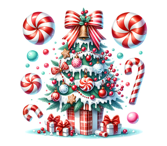 Candy Cane Christmas Tree with Peppermint Ornaments – Sweet Holiday Design 🍭🎁✨