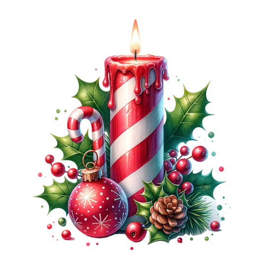 Candy Cane Christmas Candle with Ornaments & Holly – Festive Holiday Design 🕯🍬✨