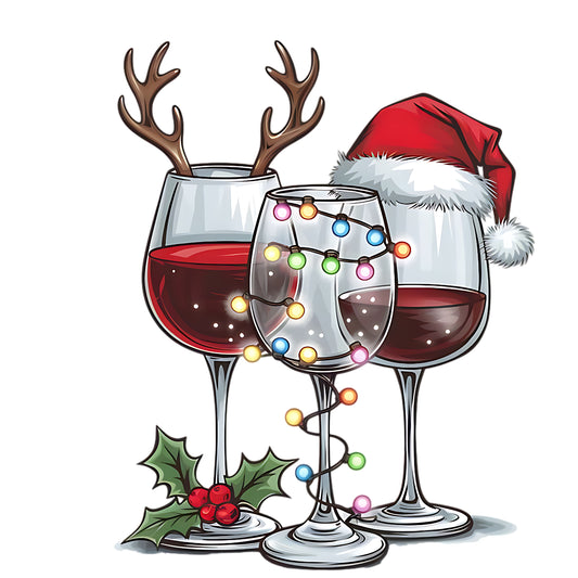 Christmas Wine Glass Trio – Santa Hat, Reindeer Antlers & Holiday Lights 🍷✨🎅🦌
