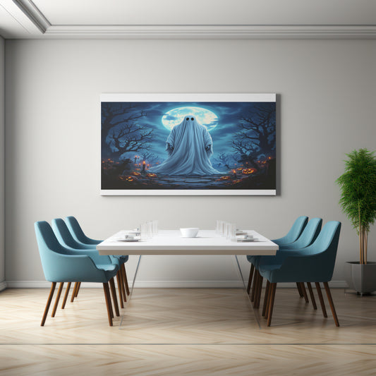 Haunted Ghost Poster – Spooky Halloween Wall Art with Pumpkins, Full Moon & Graveyard Scene