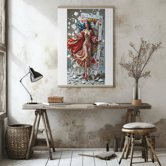 Queen of Hearts Fantasy Art – Regal Playing Card Woman with Crown & Red Gown