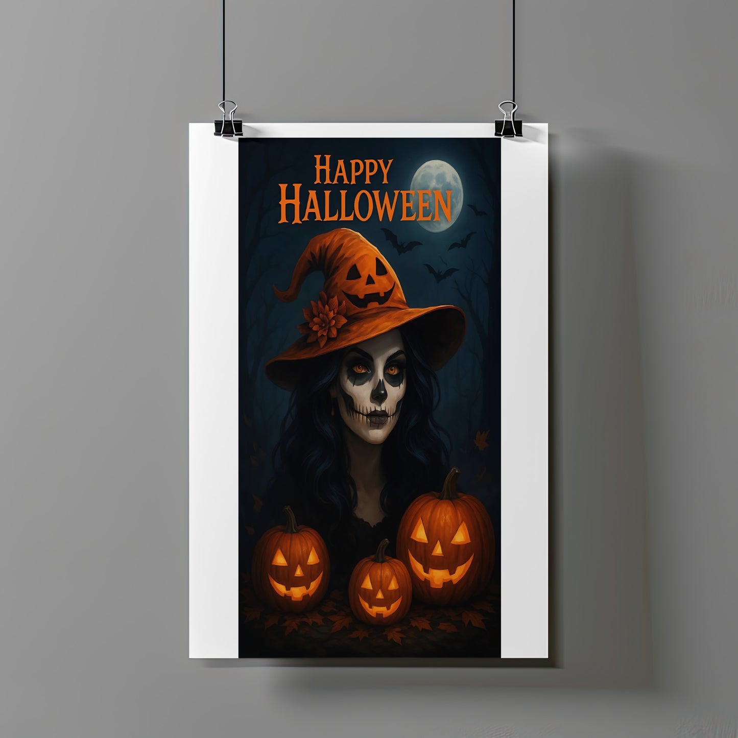 Halloween Witch Poster – Spooky Wall Art with Pumpkin Hat, Skull Makeup & Jack-o’-Lanterns
