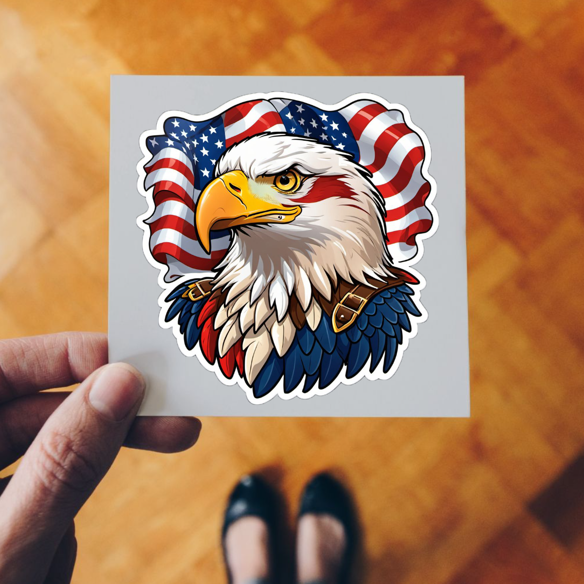 Patriotic DTF transfer design featuring a bald eagle with an American flag background