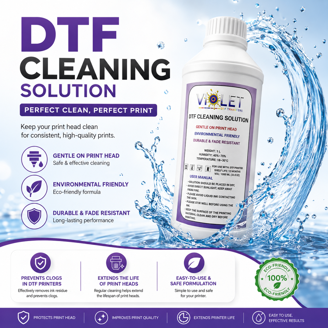 DTF Cleaning Solution 1000ML Print Head Cleaner for All DTF Printers