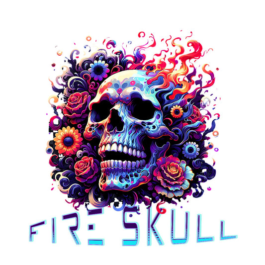 Fire Skull Floral Design – Vibrant Flaming Skull with Roses & Abstract Art