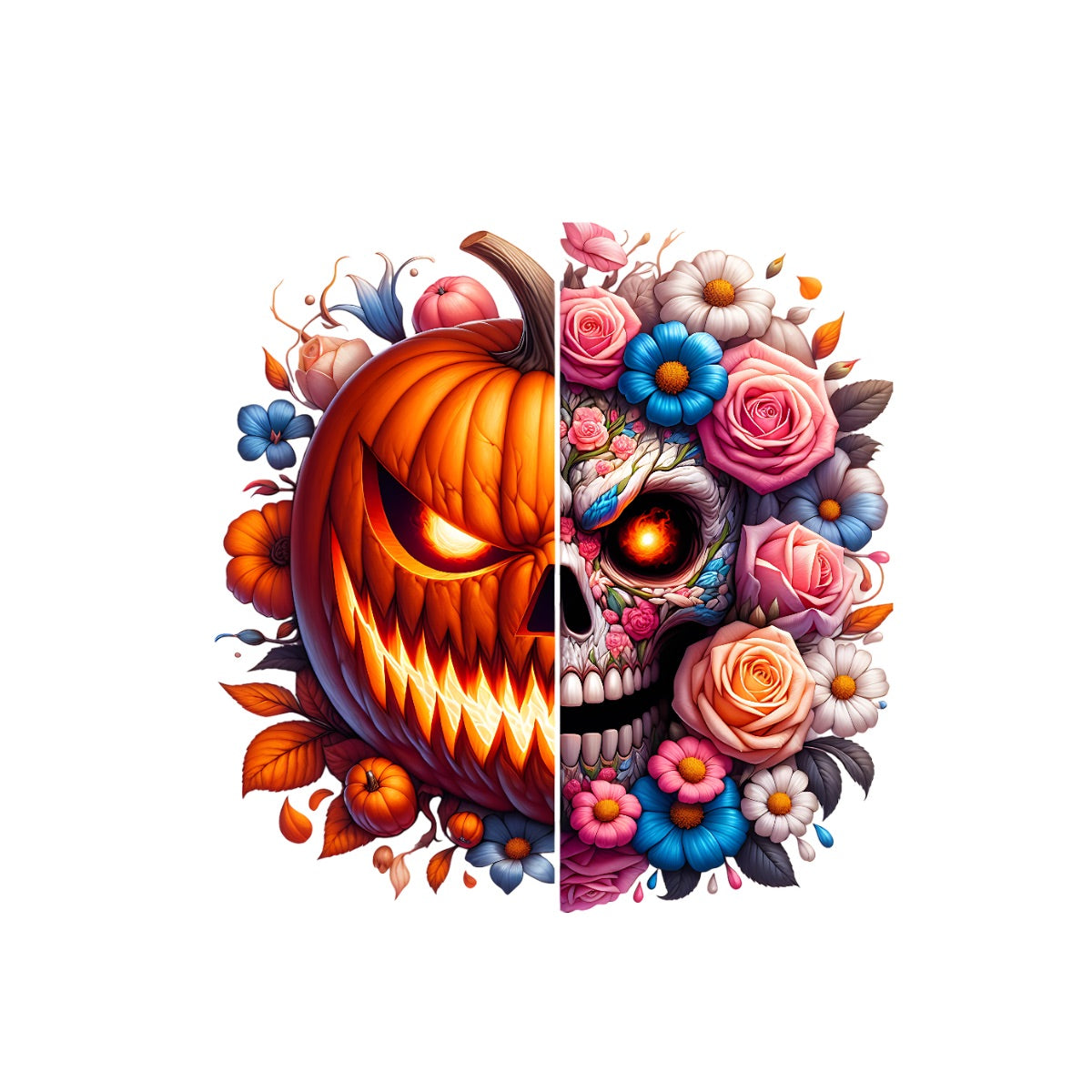 Pumpkin Skull Fusion Design – Half Jack-O’-Lantern, Half Sugar Skull with Flowers