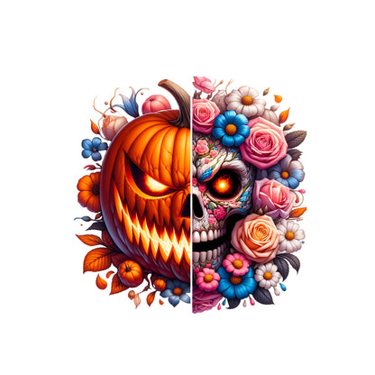 Pumpkin Skull Fusion Design – Half Jack-O’-Lantern, Half Sugar Skull with Flowers