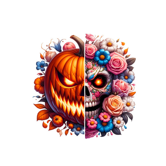 Pumpkin Skull Fusion Design – Half Jack-O’-Lantern, Half Sugar Skull with Flowers