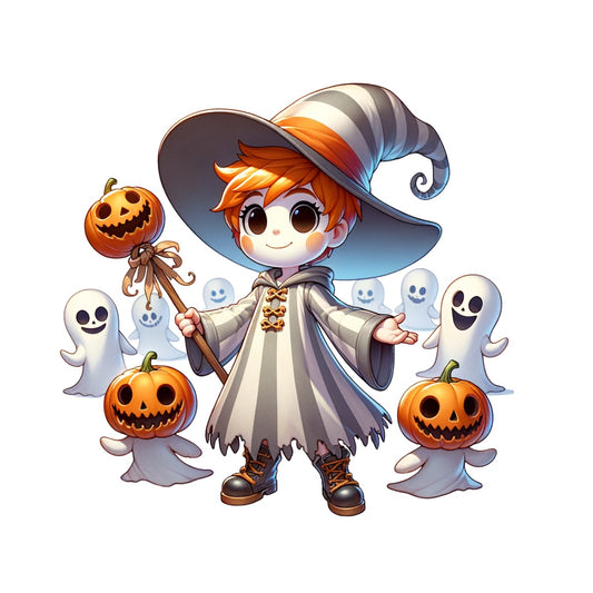 Cute Halloween Wizard Design – Chibi Witch Boy with Ghosts & Pumpkins