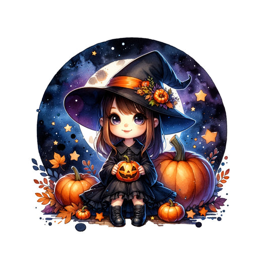 Cute Chibi Witch Halloween Design – Adorable Pumpkin & Starry Night Artwo
