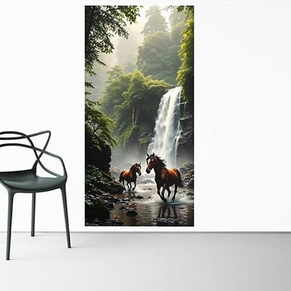 Horses in Forest Waterfall Wall Art, Brown Horse Nature Print, Misty Jungle Animal Landscape, Rustic Wildlife Decor for Living Room, Bedroom, Cabin, Office - Violet DTF Transfers