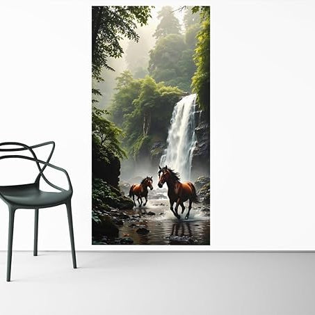 Horses in Forest Waterfall Wall Art, Brown Horse Nature Print, Misty Jungle Animal Landscape, Rustic Wildlife Decor for Living Room, Bedroom, Cabin, Office