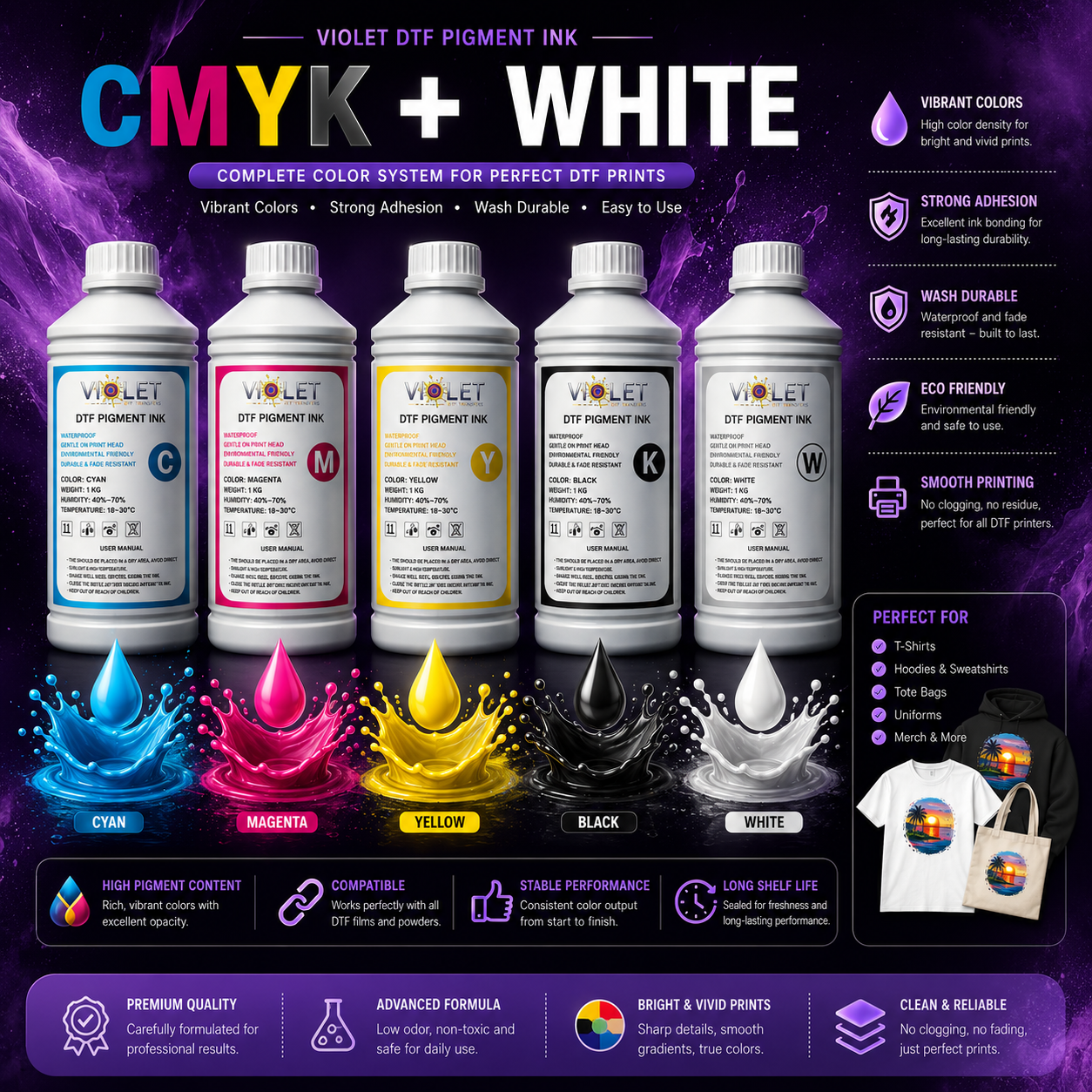 Premium DTF Ink Bundle CMYK + White Ink for All DTF Printers