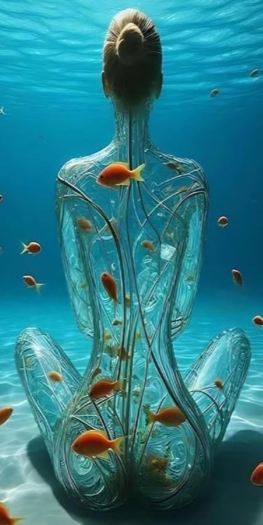 Underwater Meditation Scene with Goldfish – Sci-Fi Surreal Digital Print – Modern Vertical Home Room Décor