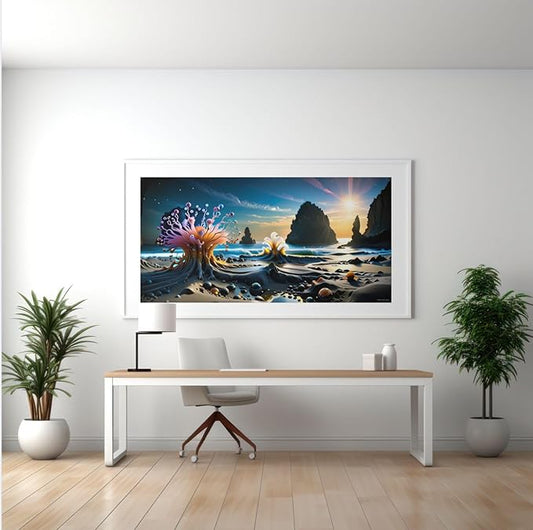 Surreal Fantasy Beach Poster with Frame - Futuristic Sunset Artwork for Living Room, Bedroom, Office & Home Décor - Violet DTF Transfers