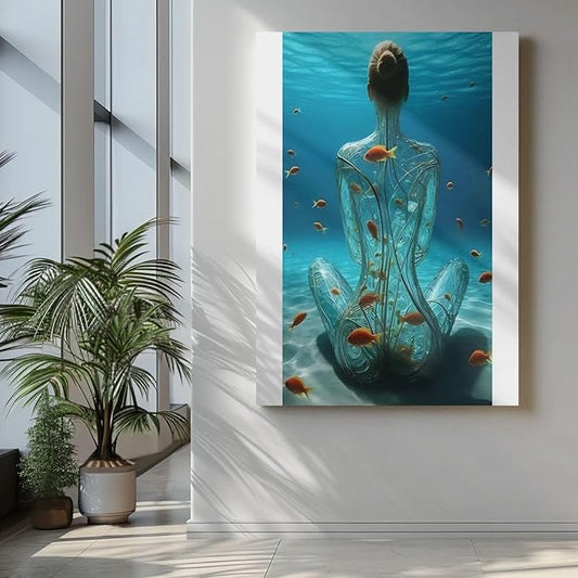 Underwater Meditation Scene with Goldfish – Sci-Fi Surreal Digital Print – Modern Vertical Home Room Décor
