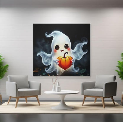 Violet Cute Ghost Poster with Frame - Adorable Ghost Holding Pumpkin, Aesthetic Fantasy Artwork - Violet DTF Transfers