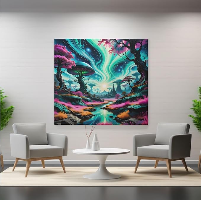 Ethereal Cosmic Landscape Poster with Frame – Glowing Trees & Alien Planet Aesthetic - Violet DTF Transfers