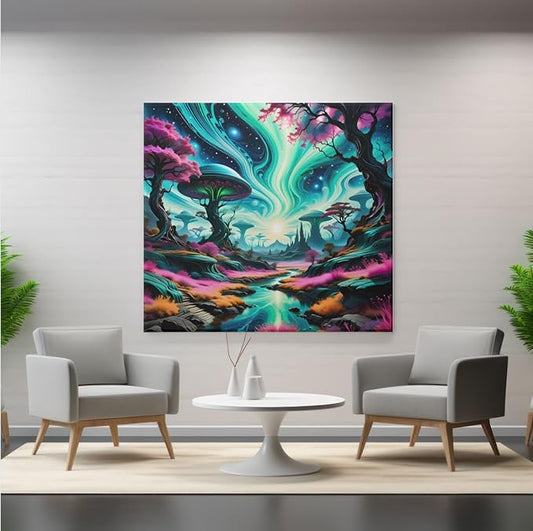 Ethereal Cosmic Landscape Poster with Frame – Glowing Trees & Alien Planet Aesthetic - Violet DTF Transfers