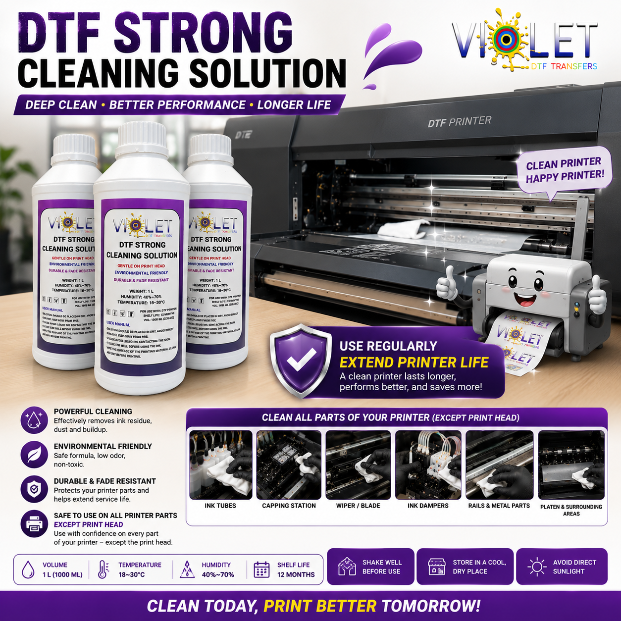 DTF Strong Cleaning Solution 1000ml Deep Cleaner for DTF Printers,Do NOT pour this solution directly into the printhead