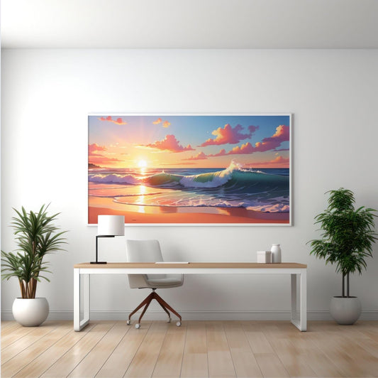 Sunset Ocean Waves Poster with Frame - Rectangle Beach Wall Art for Living Room - Violet DTF Transfers