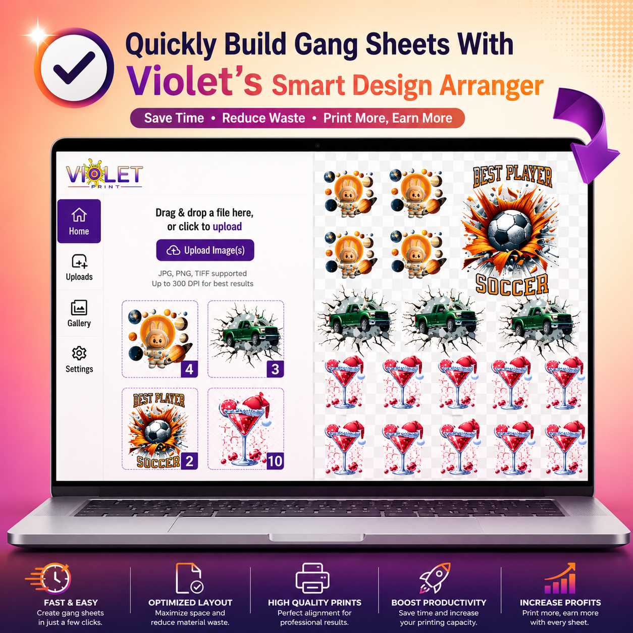 Custom UV DTF Transfers 3D Stickers – Online Gang Sheet Builder with Smart Design Arranger – Upload & Auto-Arrange Your Designs